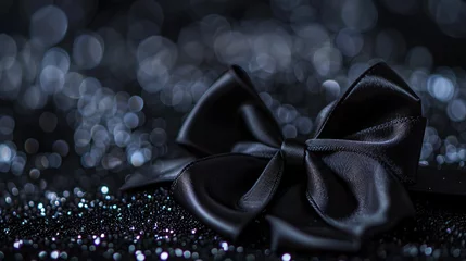Fotobehang Black satin ribbon bow lying on sparkling black background with soft bokeh lights. Black satin ribbons create beautiful festive decorations © Fajar