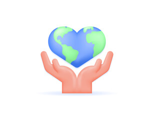 illustration of hands protecting planet earth in the shape of a heart. protect and save the earth. love and care for the environment. Earth Day. 3d symbol or icon. minimalist 3d concept design. vector