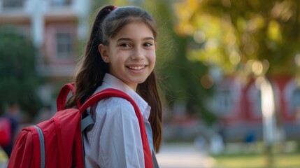 smiling school girl with a red backpack education concept
