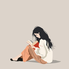 Illustration of woman reading book on floor, minimalistc style, vector graphic