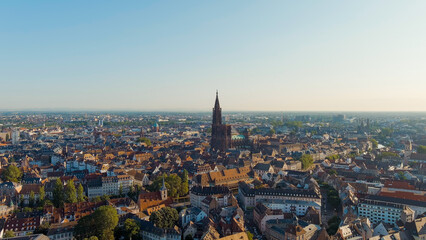 Fototapeta na wymiar Strasbourg, France. Strasbourg Cathedral - Built in the Gothic style, the cathedral of the 13th century. Summer morning, Aerial View