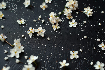 white minimal tiny flowers isolated on copy space black background, White blossoms in black backdrop, Beautiful jasmine flowers blooming, jasmine flowers on black surface, Orchid flower arrangements