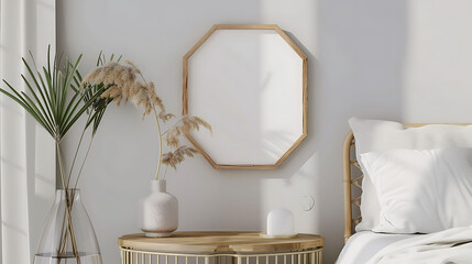 Hexagonal shape mockup photo frame bamboo border, on bedside table in modern living room, 3d render