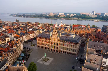 Fototapeten Antwerp, Belgium. Antwerp Town Hall (Stadhuis Antwerpen) Panorama of the city. Summer morning. Aerial view © nikitamaykov