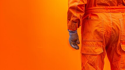 A man in an orange jumpsuit stands defiantly against a vibrant orange wall - obrazy, fototapety, plakaty