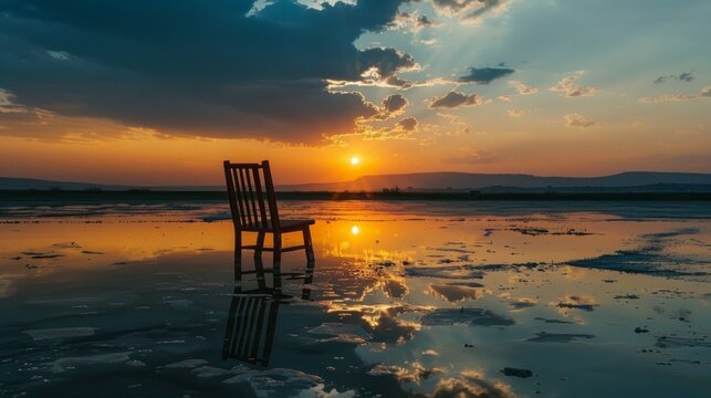 Sunset in salt lake. Reflection of wooden chair in the water. Beautiful view.