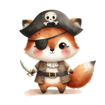Cute little animals in sailor, pirate costumes set, cute animal wear Pirate costume . watercolor illustration.