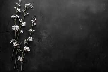 white minimal tiny flowers isolated on copy space black background, White blossoms in black...