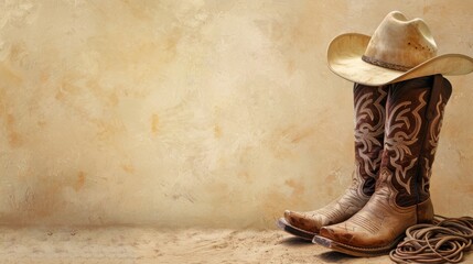 A pair of cowboy boots stands next to a coiled rope on a rustic wooden floor