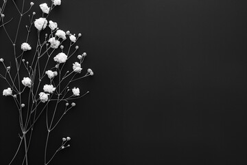 white minimal tiny flowers isolated on copy space black background, White blossoms in black backdrop, Beautiful jasmine flowers blooming, jasmine flowers on black surface, Orchid flower arrangements - obrazy, fototapety, plakaty