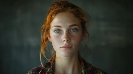 Portrait of a young woman with red hair and blue eyes, looking thoughtfully at the camera, with a blurred background.