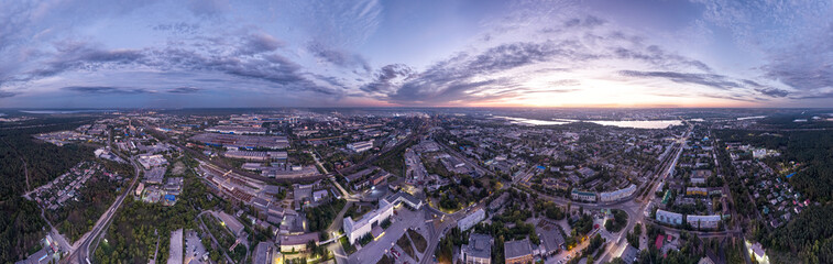 Fototapeta na wymiar Lipetsk, Russia. Metallurgical plant. Left Bank District. Glow after sunset. Summer. Panorama 360. Aerial view