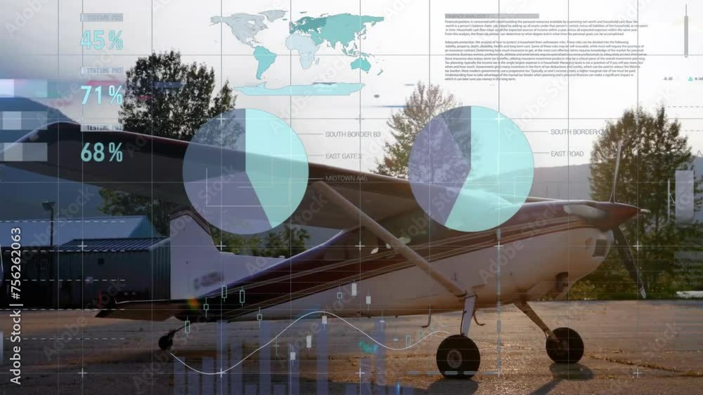 Aufkleber animation of charts and processing data over small aeroplane in countryside