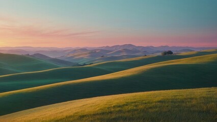 Naklejka na ściany i meble Soft Sunrise Serenity Minimal Abstract Landscape with Rolling Hills and Pastel Dawn