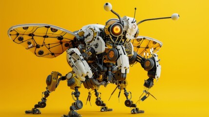 A robotic figure stands tall in the center of a vibrant yellow backdrop
