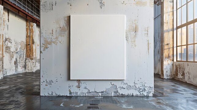 blank of square canvas on a white wall vintage, in an exhibition