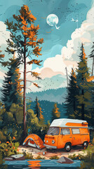 Campervan and tent by forest lake