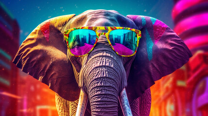 happy elephant with funny sunglasses - obrazy, fototapety, plakaty