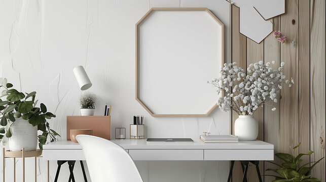 Hexagonal shape mockup photo frame plastic border, on study desk in modern living room, 3d render