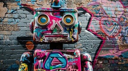 Graffiti-covered robot standing proudly in front of a brick wall