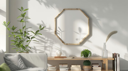 Hexagonal shape mockup photo frame bamboo border, on book shelf in modern living room, 3d render