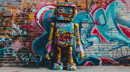 A graffiti-covered robot stands defiantly in front of a brick wall