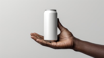 Packshot photo of a fresh white beer can held by a black African hand