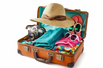An open suitcase is displayed on a white background, showcasing a colorful beach towel, sunglasses, and a camera