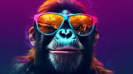 happy ape with funny sunglasses - obrazy, fototapety, plakaty