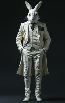 A full body view of an elegantly dressed male wearing a 3-piece white suit with coat tails, white shoes and a white rabbit mask