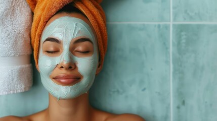 woman in the bathroom with a light blue creamy facial mask - obrazy, fototapety, plakaty