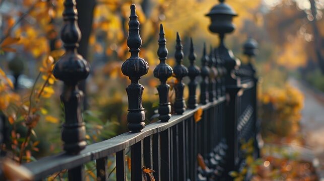 Wrought-iron fencing painted black with the decorations. The background is blurred. Shallow depth of field.