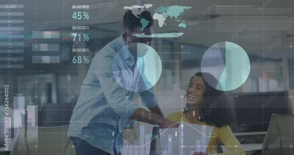Poster animation of data processing and diagrams over diverse colleagues discussing work in office
