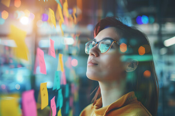Portrait of a woman in glasses standing in front of a wall covered with colored post-it notes. A slide background for showcasing the brainstorming process. Created with Generative AI technology.