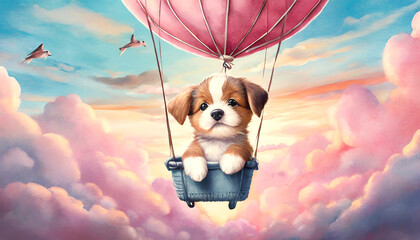 구름 위를 날고있는 귀여운 강아지 - obrazy, fototapety, plakaty