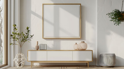 Hexagonal shape mockup photo frame fabric border, on chest drawer in modern living room, 3d render