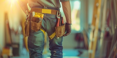 A man in a plaid shirt and jeans is holding a tool belt with various tools