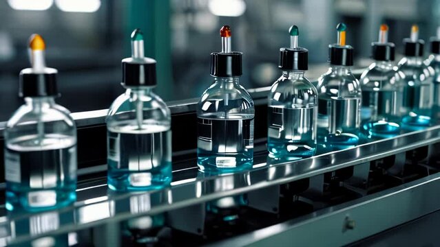 Pharmaceutical industry. Production line machine conveyor with glass bottles ampoules at factory
