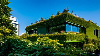 Fototapeta na wymiar A Eco green building adorned with an abundance of trees and shrubs, featuring a green roof and plant-covered walls to accentuate urban greenery. Perfect for Earth Day, World Environment Day