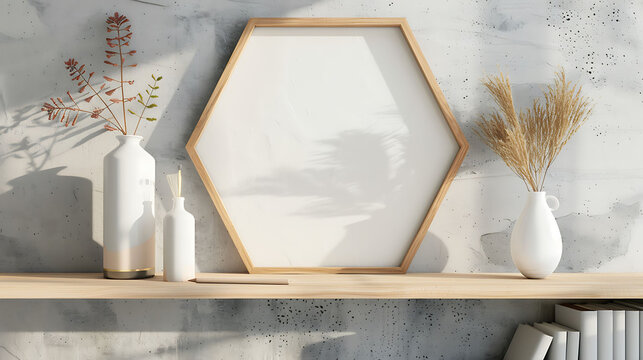 Hexagonal shape mockup photo frame wooden border, on book shelf in modern living room, 3d render