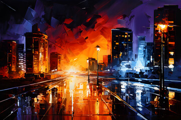 Lights of the city. light of the city. city ​​panorama painting using a palette knife at night