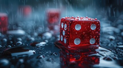 Red dice with water droplets on a wet surface with rain and blurred background. - obrazy, fototapety, plakaty