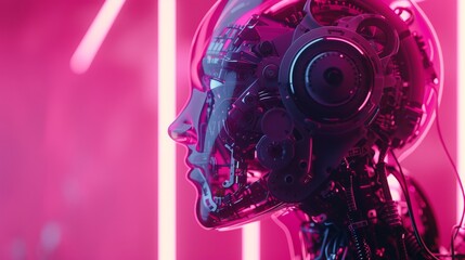 A robot sporting headphones on a vibrant pink backdrop