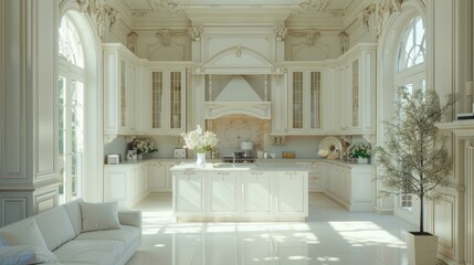 A luxurious white kitchen and living room in a big house.