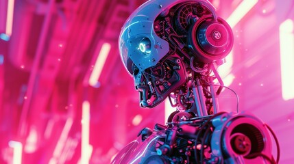 A futuristic robot stands confidently before a vibrant pink backdrop
