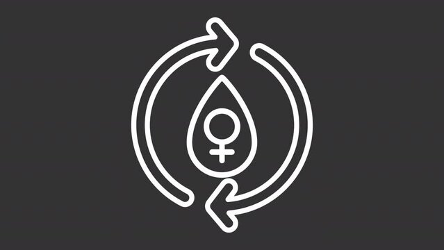 Menstrual cycle white line animation. Menstrual health animated icon. Gynecological hygiene. Period women menses. Isolated illustration on dark background. Transition alpha video. Motion graphic