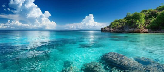 Peaceful tropical seascape, turquoise waters, blue skies, serene atmosphere, tranquil beauty, idyllic vacation setting. Generative AI - obrazy, fototapety, plakaty