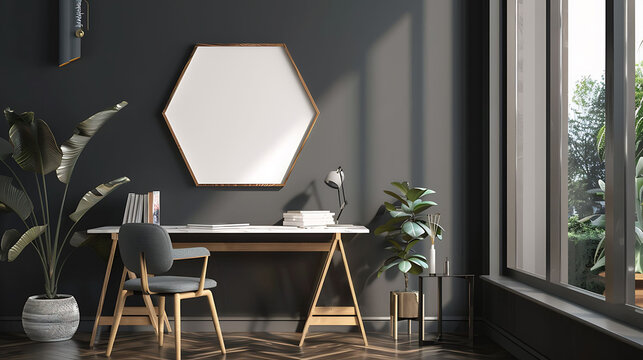 Hexagonal shape mockup photo frame glass border, on study desk in modern living room, 3d render