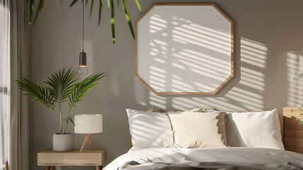 Hexagonal shape mockup photo frame wooden border, on bedside table in modern living room, 3d render