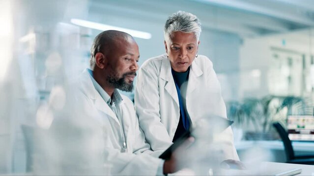 Biotechnology, people and medical research with tablet, innovation and conversation with innovation. Online lab report for results, science and digital app for experiment, chemistry work and teamwork